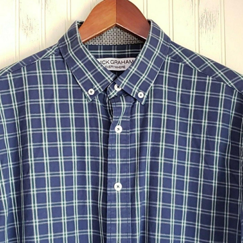 Nick Graham Dress Shirt Mens L Blue Plaid Stretch Modern Fit Long Sleeve Woven